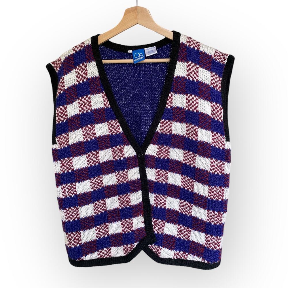 Vintage 90s OP Button Down Sweater Vest Plaid Men's size Large Preppy Grunge